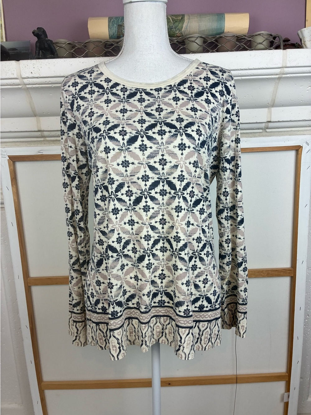 Tory Burch Pima Cotton Logoed Beige, Navy Patterned Long-Sleeve Top